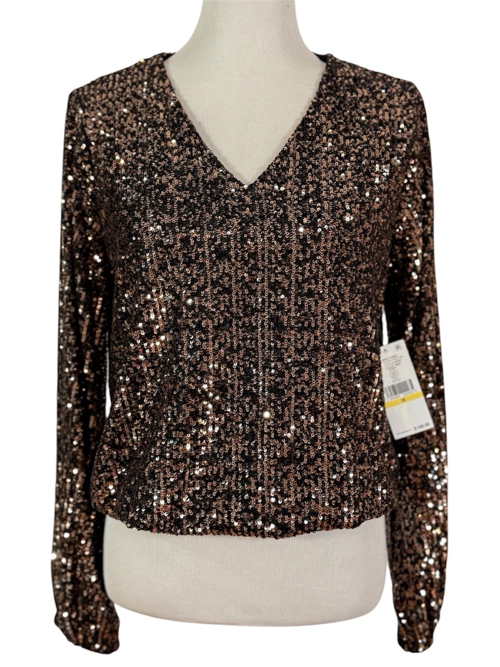 Karen Kane Bronze Sequin Long Sleeve V-Neck Party Top Blouse Medium Glam